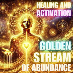 May include: Digital art depicting a golden figure with closed eyes, radiating light and energy. The image features the text "HEALING AND ACTIVATION" and "GOLDEN STREAM OF ABUNDANCE" in vibrant colors, set against a cosmic background.