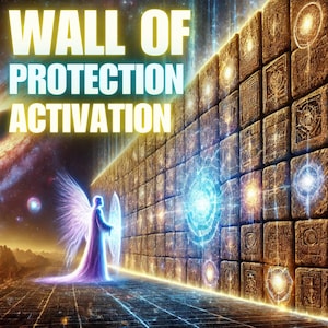 May include: Digital artwork featuring a glowing wall with the text "WALL OF PROTECTION ACTIVATION." An angelic figure stands before the wall, with a cosmic background. The wall is made of stone blocks with intricate designs.