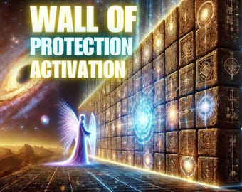 May include: Digital artwork featuring a glowing wall with the text "WALL OF PROTECTION ACTIVATION." An angelic figure stands before the wall, with a cosmic background. The wall is made of stone blocks with intricate designs.