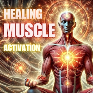 May include: A digital illustration of a person with visible muscles meditating with a glowing light emanating from their chest. The background is a swirling galaxy of light and color. The text "HEALING MUSCLE ACTIVATION" is displayed at the top of the image.