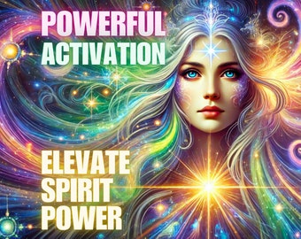 May include: A colorful abstract image with a woman with long blonde hair and blue eyes. The woman is surrounded by a swirling galaxy of stars and light. The text "POWERFUL ACTIVATION ELEVATE SPIRIT POWER" is written in white letters on a black background.