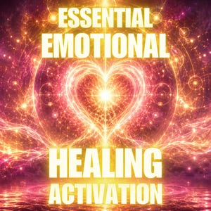 Könnte beinhalten: Eine digitale Grafik mit einer leuchtenden, strahlenden Herzform in der Mitte, umgeben von wirbelnden Wellen aus rosa, violettem und goldenem Licht. Der Text ESSENTIAL EMOTIONAL HEALING ACTIVATION ist in fetten, weißen Großbuchstaben dargestellt.