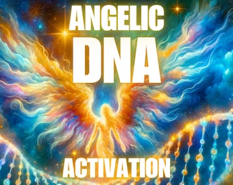 May include: A colorful abstract image of an angel with wings spread wide. The angel is surrounded by a swirling nebula of blue, yellow, and orange. The text "Angelic DNA Activation" is written in white letters across the image.