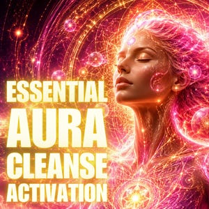 May include: A digital illustration featuring a person with closed eyes surrounded by glowing pink and gold energy patterns. The text ESSENTIAL AURA CLEANSE ACTIVATION is displayed in large, bold, cream-coloured letters on the left side of the image.