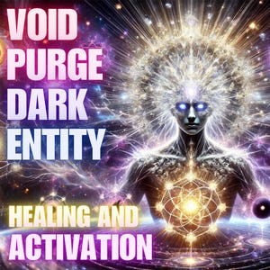Op de afbeelding: Digitale kunst die een hemels wezen afbeeldt met gloeiende ogen en een stralende aura, tegen een kosmische achtergrond. De afbeelding bevat de woorden "VOID PURGE DARK ENTITY HEALING AND ACTIVATION" in vetgedrukte, kleurrijke tekst.