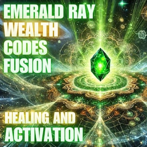 May include: Digital art featuring a glowing green emerald at the center, radiating light and energy. The image includes text that reads "EMERALD RAY WEALTH CODES FUSION HEALING AND ACTIVATION" in a vibrant green font, set against a cosmic background.