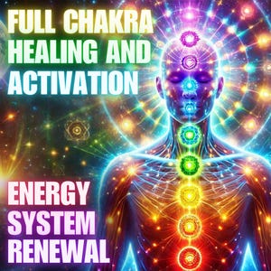 May include: Digital art depicting a human figure with glowing chakras, radiating energy in a cosmic setting. The image features the text "FULL CHAKRA HEALING AND ACTIVATION" and "ENERGY SYSTEM RENEWAL". The artwork uses vibrant colors and celestial elements.
