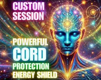 May include: Digital art featuring a blue-skinned figure with closed eyes, surrounded by glowing energy lines and orbs. Text overlays read "CUSTOM SESSION," "POWERFUL CORD," "PROTECTION," and "ENERGY SHIELD."