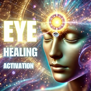 May include: A digital artwork depicting a person with their eyes closed. A third eye is open in the centre of their forehead, radiating light and surrounded by a swirling galaxy. The text "EYE HEALING ACTIVATION" is in white letters on a dark background.