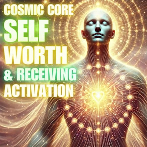 May include: Digital art featuring a person with closed eyes, radiating golden light. The image includes the text "COSMIC CORE SELF WORTH & RECEIVING ACTIVATION" in a gradient green and yellow font, set against a cosmic background with swirling energy.