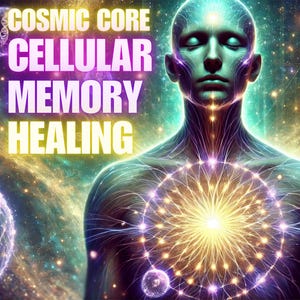 May include: Digital art featuring a human figure with glowing energy patterns, set against a cosmic background. The text "COSMIC CORE CELLULAR MEMORY HEALING" is prominently displayed in vibrant colors, suggesting a theme of spiritual or holistic wellness.