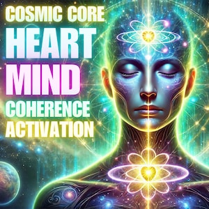 May include: Digital art featuring a serene face with closed eyes, radiating energy and light. The image includes text that reads "Cosmic Core, Heart, Mind, Coherence, Activation." The background depicts a cosmic scene with planets and stars.