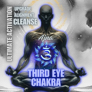 May include: A digital illustration of a person meditating with the third eye chakra activated. The chakra is depicted as a blue swirling symbol with the Sanskrit word "Ajna" written above it. The text "Upgrade Alignment Cleanse" is written on the left side of the image and "Third Eye Chakra" is written below the chakra symbol.