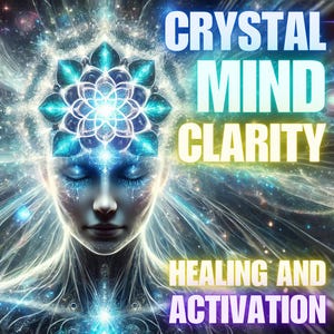 May include: Digital art featuring a serene face with closed eyes, overlaid with a glowing, intricate design. The image is filled with swirling light and text that reads "CRYSTAL MIND CLARITY" and "HEALING AND ACTIVATION", evoking a sense of spiritual awakening.