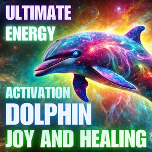 May include: A colorful, abstract dolphin with a galaxy-like pattern, swimming in a vibrant nebula. The text "ULTIMATE ENERGY ACTIVATION DOLPHIN JOY AND HEALING" is superimposed on the image.