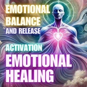 Pode incluir: Uma imagem de arte digital de uma pessoa com um coração brilhante no peito. A imagem é cercada por cores e nuvens que giram. O texto "Equilíbrio emocional e libertação Ativação Cura emocional" está escrito em letras negritas e coloridas.