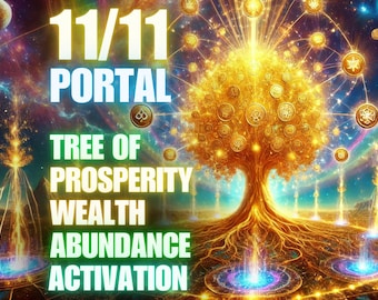 May include: Digital art depicting a golden tree with coin-like leaves, radiating light against a cosmic background. Text overlay reads "11/11 Portal Tree of Prosperity Wealth Abundance Activation."