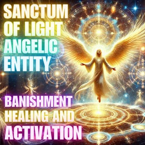 Może przedstawiać: Cyfrowe dzieło sztuki przedstawiające promiennego anioła z rozłożonymi skrzydłami, emanującego światłem. Obraz zawiera tekst "Sanctum of Light Angelic Entity Banishment Healing and Activation" w żywych kolorach, na tle kosmicznym.