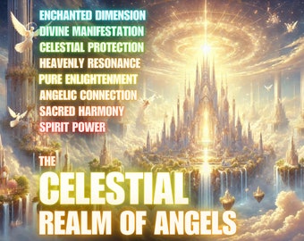 May include: A digital illustration of a celestial realm with a golden city, waterfalls, and clouds. The text reads "ENCHANTED DIMENSION, DIVINE MANIFESTATION, CELESTIAL PROTECTION, HEAVENLY RESONANCE, PURE ENLIGHTENMENT, ANGELIC CONNECTION, SACRED HARMONY, SPIRIT POWER, THE CELESTIAL REALM OF ANGELS."