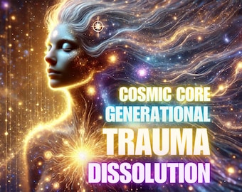 May include: Digital art depicting a woman's face and upper body, with flowing hair and a cosmic background. The image features the words "COSMIC CORE GENERATIONAL TRAUMA DISSOLUTION" in bold, colorful text.