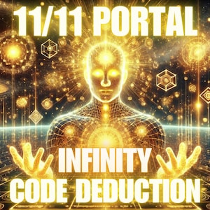May include: Digital art piece with a glowing figure at the center, radiating golden light. The words "11/11 PORTAL" and "INFINITY CODE DEDUCTION" are prominently displayed. The background features geometric shapes and celestial elements.