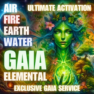 May include: A colorful digital illustration of Gaia, the Earth goddess, surrounded by elements of nature, including air, fire, earth, and water. The text "Gaia Elemental Exclusive Gaia Service" is displayed at the bottom of the image.