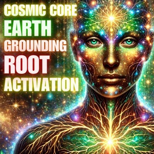 Może przedstawiać: Cyfrowe dzieło sztuki przedstawiające ludzką twarz z żywymi kolorami i kosmicznym tłem. Obraz zawiera tekst "Cosmic Core Earth Grounding Root Activation". Grafika ma tematykę duchową lub metafizyczną.
