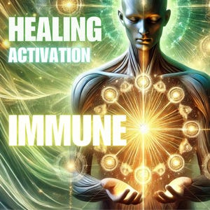 May include: A digital illustration of a person with a glowing light emanating from their chest. The light is surrounded by a circle of smaller lights. The text "HEALING ACTIVATION" is at the top of the image and the text "IMMUNE" is at the bottom of the image.