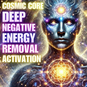 Puede incluir: Ilustración digital de una figura humanoide con un rostro brillante y complejos diseños cósmicos. La imagen incluye el texto "Cosmic Core, Deep Negative Energy Removal, Activation". La paleta de colores incluye azules, dorados y púrpuras, creando una atmósfera mística.
