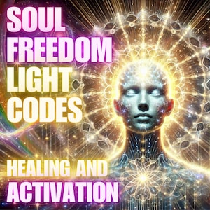Könnte beinhalten: Digitales Kunstwerk, das eine leuchtende Figur mit einer strahlenden Aura zeigt, umgeben von wirbelnden Farben und Licht. Der Text "SOUL FREEDOM LIGHT CODES HEALING AND ACTIVATION" ist enthalten. Das Kunstwerk evoziert Themen wie Spiritualität und Energie.
