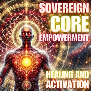 Peut inclure: Illustration numérique d'une figure humaine avec un cœur lumineux, entourée de motifs complexes et d'éléments célestes. Le texte "SOVEREIGN CORE EMPOWERMENT" et "HEALING AND ACTIVATION" suggère un thème spirituel ou de bien-être.