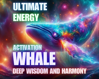 May include: A colorful, abstract image of a whale swimming through a galaxy of stars. The text "Ultimate Energy Activation Whale Deep Wisdom and Harmony" is written below the whale.