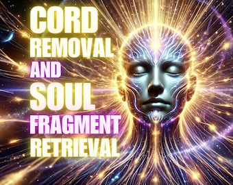 May include: Digital art piece featuring a serene face with closed eyes, radiating golden and purple energy. The text "CORD REMOVAL AND SOUL FRAGMENT RETRIEVAL" is prominently displayed in a glowing font, suggesting a spiritual or metaphysical theme.