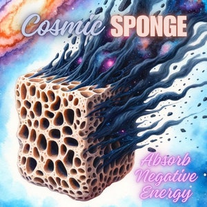 May include: A brown sponge-like object with a cosmic design, surrounded by a galaxy background. The text "Cosmic SPONGE" is at the top of the image. The text "Absorb Negative Energy" is at the bottom of the image.