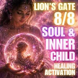 May include: A digital illustration featuring a person holding a glowing crystal sphere containing a small child. The text reads LION'S GATE 8/8 SOUL & INNER CHILD HEALING ACTIVATION. The scene is set against a vibrant purple and pink cosmic background.