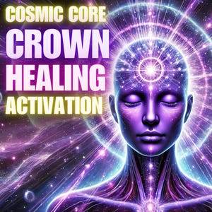 Può includere: Illustrazione digitale di una persona dalla pelle viola con gli occhi chiusi, che irradia energia. L'immagine include le parole "COSMIC CORE CROWN HEALING ACTIVATION" in un carattere stilizzato, su uno sfondo cosmico con nebulose e stelle vorticose.