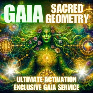 Pode incluir: Uma ilustração digital de uma mulher com cabelo comprido verde e um halo dourado, cercada por formas geométricas e símbolos. O texto "GAIA SACRED GEOMETRY ULTIMATE ACTIVATION EXCLUSIVE GAIA SERVICE" está na parte inferior da imagem.