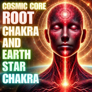 May include: Digital art featuring a human figure with closed eyes, radiating red energy. The image includes text: "COSMIC CORE ROOT CHAKRA AND EARTH STAR CHAKRA." The background is a cosmic scene with planets and glowing orbs.