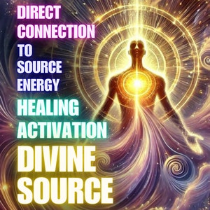 Pode incluir: Arte digital que retrata uma figura irradiando luz dourada, com círculos concêntricos e elementos cósmicos giratórios. As sobreposições de texto dizem: "DIRECT CONNECTION TO SOURCE ENERGY, HEALING ACTIVATION, DIVINE SOURCE."