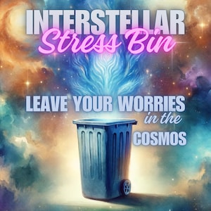 May include: A blue trash can with a white rim and a wheel on the bottom. The trash can is in front of a colorful nebula with stars and the text "Interstellar Stress Bin Leave Your Worries in the Cosmos".