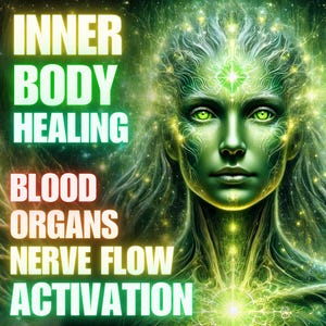 Puede incluir: Ilustración digital de una mujer con piel verde y ojos verdes brillantes. La imagen incluye el texto "INNER BODY HEALING BLOOD ORGANS NERVE FLOW ACTIVATION". El fondo es una mezcla arremolinada de verde y amarillo.
