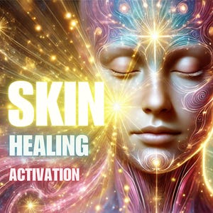 Puede incluir: Una imagen abstracta colorida con un rostro de persona en el centro. El rostro tiene los ojos cerrados y una luz brillante que emana de la frente. El texto "SKIN HEALING ACTIVATION" está en letras blancas sobre un fondo amarillo.
