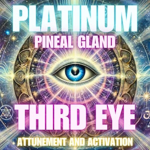 Puede incluir: Una imagen abstracta y colorida con un ojo grande en el centro. El ojo está rodeado por un patrón de colores en espiral, incluyendo morado, rosa, azul y amarillo. El texto "PLATINUM PINEAL GLAND THIRD EYE ATTUNEMENT AND ACTIVATION" está escrito en letras blancas sobre un fondo rosa.