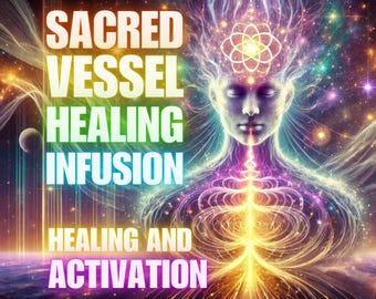 May include: Digital art featuring a celestial figure with a glowing aura, radiating energy. The image includes the text "SACRED VESSEL HEALING INFUSION HEALING AND ACTIVATION" in vibrant colors, set against a cosmic background with stars and nebulas.