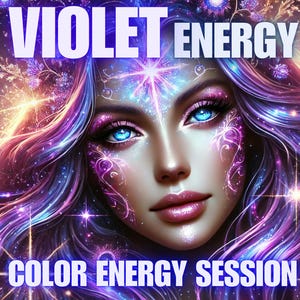Op de afbeelding: Een vrouw met lang paars haar en blauwe ogen. Ze heeft een stervormig licht boven haar hoofd. De tekst "VIOLET ENERGY COLOR ENERGY SESSION" staat bovenaan en onderaan de afbeelding.