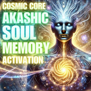 May include: Digital art depicting a figure with closed eyes, radiating energy and light. The image features the text "COSMIC CORE AKASHIC SOUL MEMORY ACTIVATION" in a vibrant, glowing font, set against a cosmic background with swirling galaxies and stars.