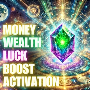 May include: A vibrant digital art piece featuring a large, multi-colored crystal at the center, radiating light. The words "MONEY WEALTH LUCK BOOST ACTIVATION" are displayed in bold, colorful text. The background includes celestial elements.