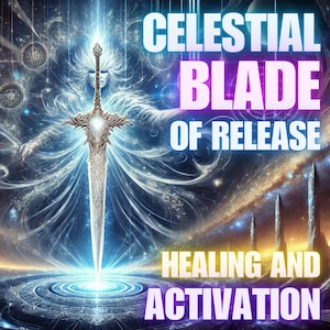 May include: Digital art featuring a celestial sword with intricate details, radiating light. The image includes the text "CELESTIAL BLADE OF RELEASE" and "HEALING AND ACTIVATION" in glowing fonts, set against a cosmic background.