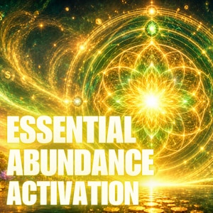May include: A digital artwork featuring a glowing golden geometric mandala pattern against a swirling green and yellow nebula background. The text ESSENTIAL ABUNDANCE ACTIVATION is displayed in bold white letters over the radiant light.