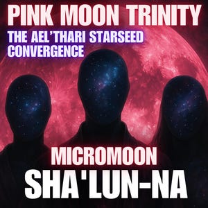 May include: A digital art image featuring three silhouettes of people with a galaxy inside their heads. The background is a pink moon with the text "PINK MOON TRINITY THE AEL'THARI STARSEED CONVERGENCE MICROMOON SHA'LUN-NA"